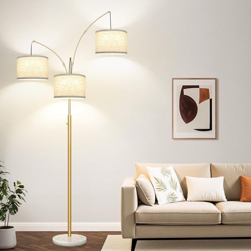 Dimmable Floor Lamp, 3 Lights Gold Arc Floor Lamp, Modern Tall Standing Tree Lamp with White Linen Shades & Marble Base, 3000LM LED Bulbs, Bright Lighting for Living Room, Bedroom, Office & Reading - Image 7