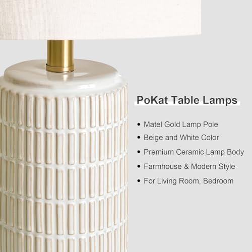 PoKat 25'' Modern Table Lamps Set of 2 for Living Room with Gold Base, White Farmhouse Bedside Lamps for Bedroom, Nightstand Lamps for Office End Table Hallway Home Decor Gift, Beige and White - Image 3
