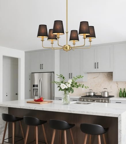 6-Light Brushed Gold Chandelier with Black Fabric Shades, Modern Brushed Brass Chandelier Light Fixture, E12 Base Hanging Pendant Light for Dining Room Living Room Bedroom Kitchen Island Foyer - Image 4