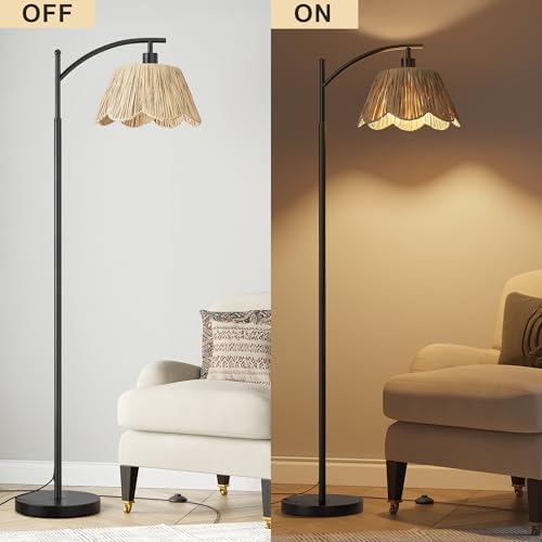Oneach Boho Rattan Floor Lamp for Living Room, Farmhouse Standing Lamp with Hand-Woven Shade, Black Metal Base & Pole, Foot Switch - Corner Reading Lamp for Bedroom - Image 6