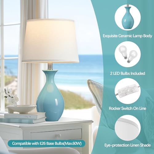 PARTPHONER Table Lamp Set of 2, Modern Ceramic Bedside Lamps for Night Stands, Classic Small Lamp Nightstand Lamp for Bedroom Living Room Desk End Table Rocker Swtich Sky Blue - Image 3