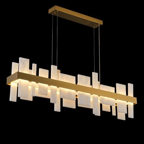 Alabaster Rectangle Chandelier, Natural Spanish Stone Texture Chandeliers, 46.8" Adjustable Alabaster Chandelier Over Table for Dining Room, Bedroom, Island– Modern Luxury Ceiling Lighting by OSRoyce