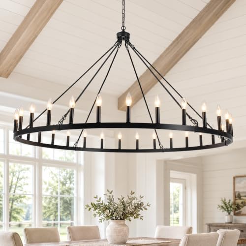 30 Lights Black Extra Large Wagon Wheel Chandelier, 60 Inch Farmhouse Industrial Ceiling Light Fixture for High Ceiling Outdoor Porch Living Dining Room Foyer Entryway, E12 by MRHYSWD
