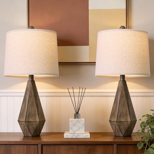PoKat 23.5'' Table Lamps Set of 2 for Bedroom, Farmhouse Nightstand Lamps for Living Room, Rustic Bedside Lamps with Linen Lampshade for Side Table Office Hallway Entryway Dark Wood-Like (Brown) by Pokat