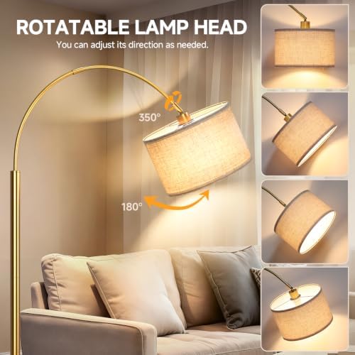 Arc Floor Lamps for Living Room, Gold Standing Lamp with Linen Shade - Image 2