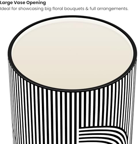 Torre & Tagus 12" Tall Black and White Ceramic Vase for Flowers - Big White Vase with Black Stripes, Gloss Finish & Large Opening for Flower Bouquets or Centerpiece (Monochrome Linear Curve) - Image 6