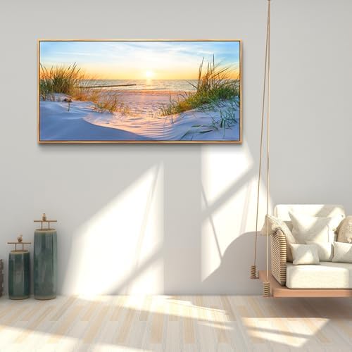 MHARTK66 Sunset Beach Wall Art for Living Room Golden Sunlight Sea Grass Dune Blue Ocean Seascape Picture HD Print On Canvas for Bedroom Office Home Decoration Framed Artwork Ready to Hang 30"x 60" - Image 5