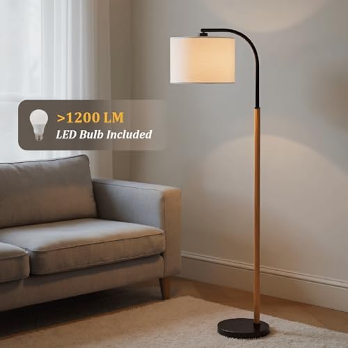 66” Brown Black Arc Floor Lamps for Living Room, 1200 Lumens 3-Level Brightness Wood Floor Lamp for Bedroom, Vintage Mid Century Black Standing Lamp, Adjustable Lampshade, LED Bulb Included - Image 3