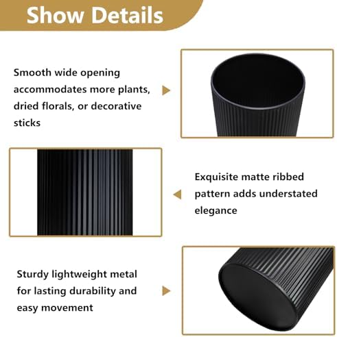Black Tall Ribbed Floor Vase - Set of 3 Metal Large Decorative Vases - Image 6