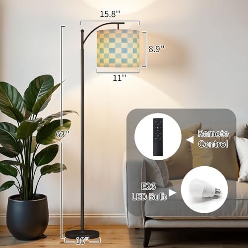 Arc Floor Lamp Blue Watercolor Gingham Checkered Soft Shades Blue White Dimmable Modern Standing Lamp with Remote Adjustable Drum Shade Footswitch Tall Pole Lamp for Living Room Bedroom - Image 2