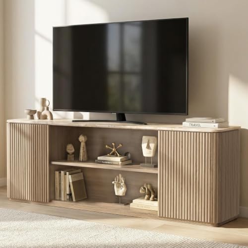 70" Modern Fluted TV Stand for TVs Up to 80", Faux Marble Top, Natural Oak by DelArk