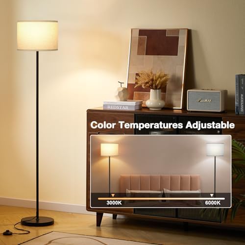 Ambimall 60'' Modern Floor Lamp with Remote, Tall Lamps for Living Room, Bedroom, Office, Dining Room, Beige Shade with Black Pole(Included Bulb) - Image 4