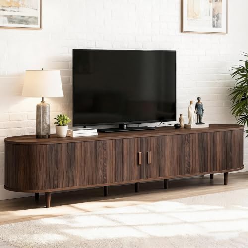 90" Mid Century Modern TV Stand, Wood TV Consoles with Sliding Doors and Power Outlet, Entertainment Center with Adjustable Shelves, Fluted TV Stands for Living Room, Walnut by Unknown