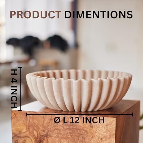 12" Extra Large Decorative Bowl – Decorative Fruit Bowl for Kitchen Counter, Modern Handmade Bowls for Home Decor, Ruffle Decor, Stylish Key Bowl for Entryway Table, Beige Artificial Stone - Image 2