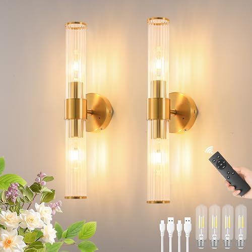 Gold Battery Operated Wall Sconces Set of Two, Dimmable Rechargeable Sconce by Morauroral