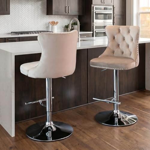 SoarFlash Velvet Bar Stool Set of 2, Adjustable Swivel Bar Stools with Silver Plated Metal Leg, Button Tufted, Footrest, Chrome Nailhead, Counter Height Chair for Kitchen, Bar, Dining Room (Beige) - Image 3