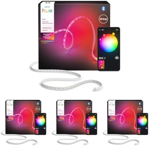 Hue Flux 16-Foot LED Strip Light, 3000 lm, Vibrant Color and Ambiance, Flexible Indoor Lighting, Chromasync™ Color Blending, RGBWWIC, Cuttable, Extendable, Reusable, App & Voice Control, (Pack of 4) by Unknown