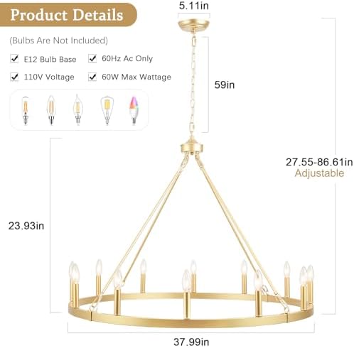 Gold Wagon Wheel Chandelier for Dining Room Light Fixture 12Light Gold Chandelier for Foyer 38inch 27-86" Height Adjustable Pendant Light for Flat Sloped Ceilings Dining Room Kitchen Island Entryway - Image 3