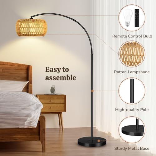Arc Floor Lamp for Living Room, Rattan Boho Floor Lamp with Remote Control, Black Standing Lamp with 3 Color Temperatures & Dimmable LED Bulb, Tall Lamp for Bedroom, Over Couch Arched Reading Light - Image 4