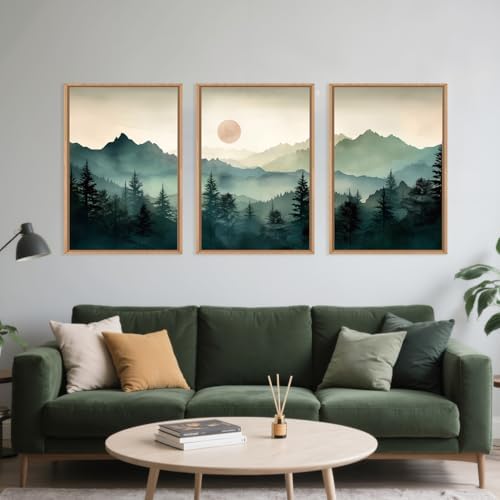 LHIUEM Large Boho Mountain Framed Wall Art Set,Green Foggy Forest Wall Painting,Abstract Nature Sunrise Artwork,Watercolor Pine Tree Wall Decor for Living Room,Bedroom,Office-24''x36''x3 - Image 2