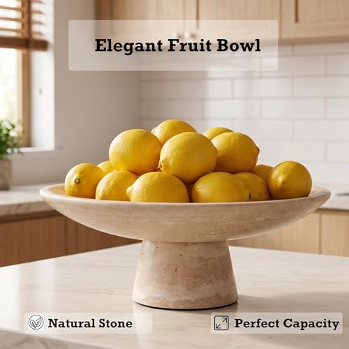 Travertine Fruit Bowl for Kitchen Counter, 10.2" Large Decorative Pedestal Stone Bowl, Natural Marble Centerpiece Bowl for Dining Table, Modern Organic Kitchen & Home Decor - Image 5