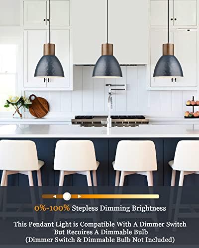 ELYONA 3 Pack Hammered Pendant Lights 7” Small Metal Solid Wood Hanging Light Fixtures Adjustable Height Industrial Pendant Lighting for Kitchen Island Dining Room Bedroom Bar Office, Modern Blue - Image 2