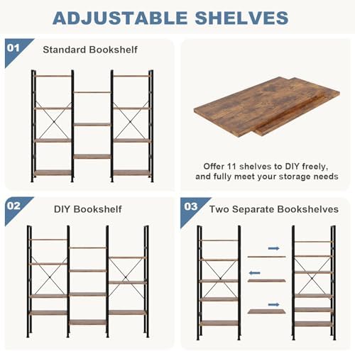 DUMOS Triple Column 4 Tier Bookshelf, Wide Industrial Bookcase, Brown - Image 4