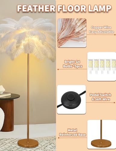 Feather Floor Lamp,Fluffy Ostrich Feather Floor Lamp for Bedroom,3 Color Temperatures Led Corner Modern Floor Lamps for Living Room Christmas Home Decor House Warming Gifts,63″ Height (White) - Image 4