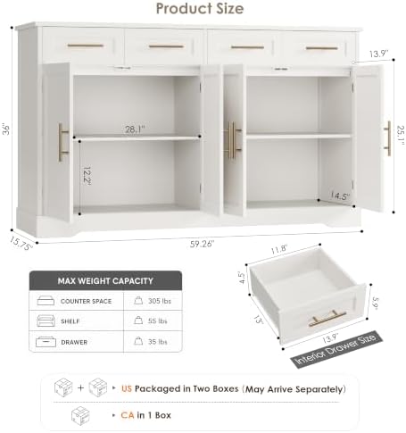 HOSTACK 60" W Sideboard Buffet Cabinet with Storage, Kitchen Cabinet, White - Image 3