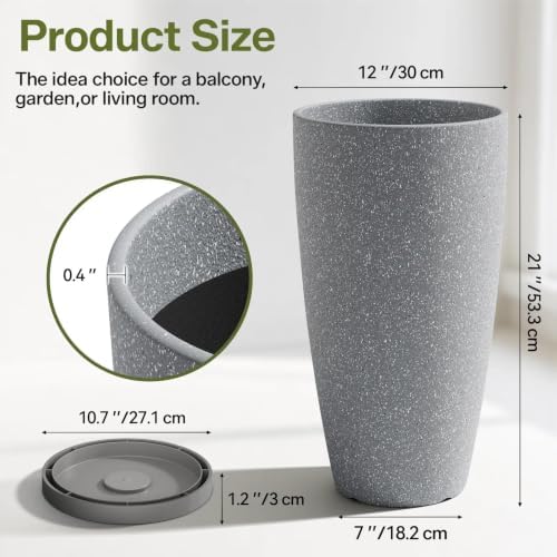 ZMTECH 2 Packs 21 inch Tall Planter, Indoor Outdoor Round Planter for Porch, Large Plant Pot with Drainage Hole for Home Garden Front Door, Modern Decorative Pots for Plants (Light Gray) - Image 2