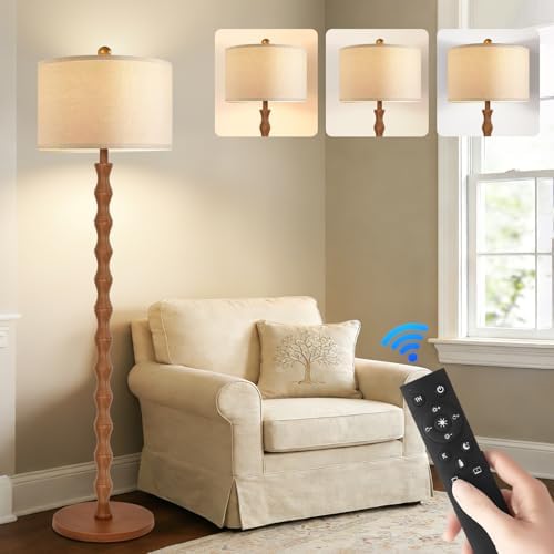 ZECOXOL Wood Floor Lamp with 3 Color Temperatures,Boho Floor Lamp with Remote Control,Dimmable Vintage Floor Lamp Mid Century Modern Standing Lamp Farmhouse Tall Pole Lamp for Living Room Bedroom by ZECOXOL