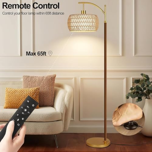 ZECOXOL Wood Floor Lamps for Living Room Arc Boho Floor Lamp with Remote Control & 3 Color Temperatures,Vintage Wicker Rattan Standing Lamp Dimmable Tall Floor Lamp for Bedroom Living Room Corner - Image 4