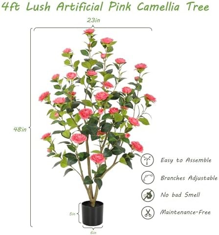Nafresh 4FT Lush Artificial Pink Camellia Tree Outdoor 2 Pack, 48inch Faux Camellia Plant, Fake Camellia Flowers Tree for Indoor Outdoor Living Room Home Patio Front Door Garden Decor - Image 5