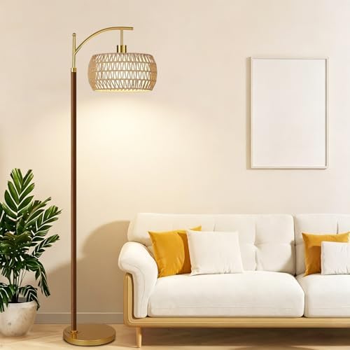 AHDWDW Arc Gold Floor Lamp for Living Room with Remote,Farmhouse Boho Floor Lamps with Timer,Rustic Standing Lamp with Hand-woven Rattan Wicker Shade and Fabric,Adjustable Tall Lamp for Bedroom,Corner - Image 6