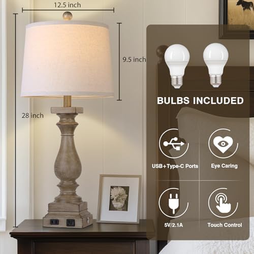 28" Tall Farmhouse Table Lamp with USB C+A Ports and AC Outlet, 3 Way Touch Control Rustic Bedside Lamp for Bedroom, Brown Vintage Nightstand Lamp for Living Room Office - Image 4