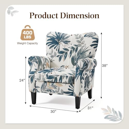 YOLENY Modern Accent Chair,High Back Armchair,Upholstered Fabric Button Single Sofa with Wooden Legs for Living Room,Bedroom,Blue Leaves - Image 3