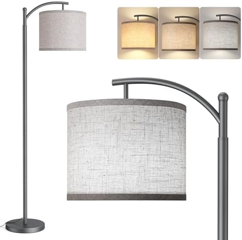 Floor Lamp for Living Room with 3 Color Temperatures LED Bulb, Standing Lamp Tall Industrial Floor Lamp Reading for Bedroom, Office (9W LED Bulb, Beige Lampshade Included) -Grey by ROTTOGOON