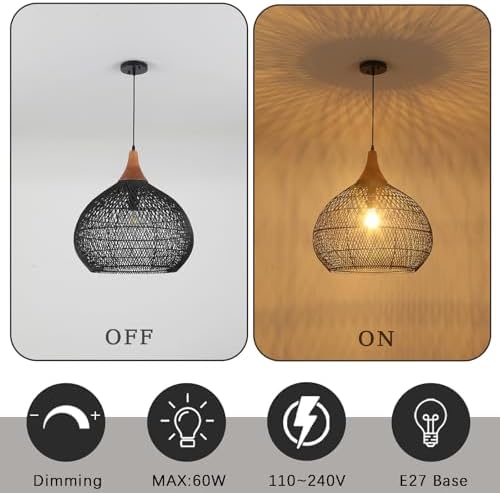 Large Black Rattan Pendant Light, 20" Rattan Chandelier Hand-Woven Wicker Pendant Light Fixtures with Solid Wood, Basket Hanging Lighting for Dining Room Kitchen Island Living Room - Image 4