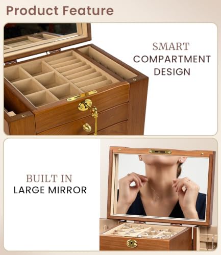Wood Jewelry Box Organizer 5-Drawer Lockable with Mirror - Image 3