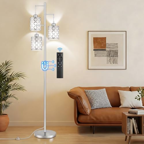 72" Dimmable Floor Lamp with Remote & Timer, Modern Minimalist Standing Lamp for Living Room Bedroom, 3 Individually Controlled Heads, 2 Height Options, 3x 1100LM LED Bulbs Included -Silver by GHOOCEMLUX