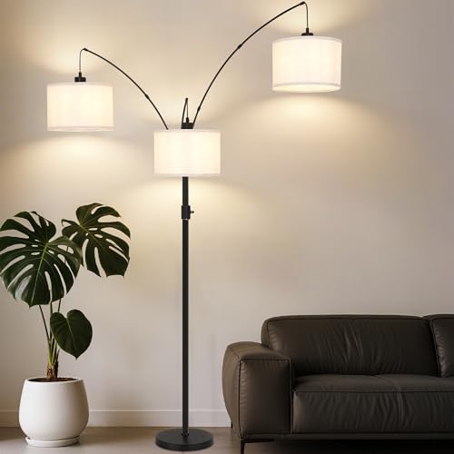 AHDWDW Dimmable Arc Floor Lamp-3 Lights Floor Lamps for Living Room,Modern Tall Standing Lamp with Beige Drum Shades&Heavy Base,Mid Century Tree Floor Lamp for Bedroom Corner Office,Bulbs Included by EnjoyingABetterLife
