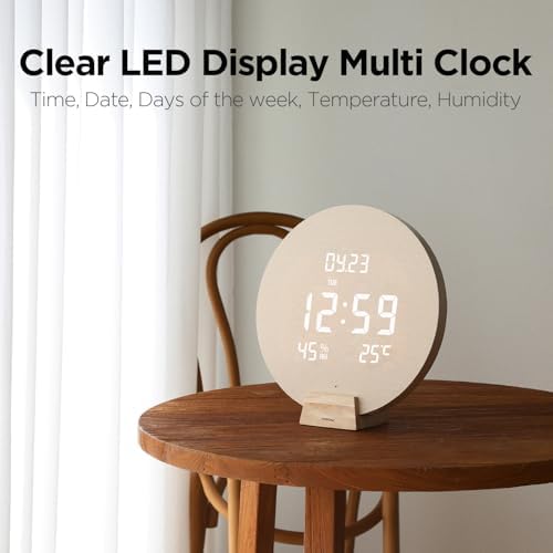 mooas Wood Moon Cordless Digital LED Wall Clock, Date, Temperature/Humidity - Image 5