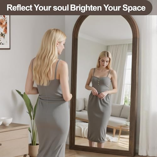 Delma Arched Full Length Mirror with Stand, 75x35 Brown Wood Floor Mirror - Image 2