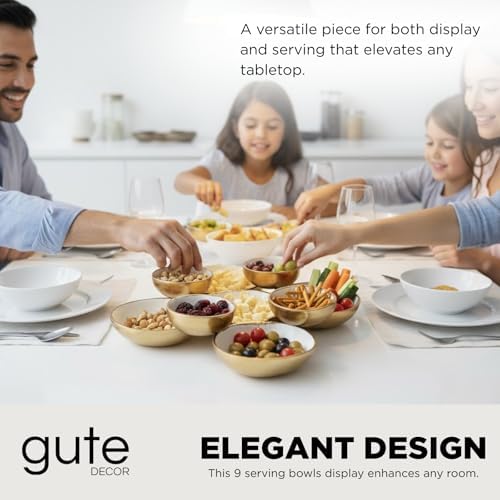Cluster of 9 Serving Bowls, One-Piece Set, Gold White Brass Multi-Bowl Display Tray for Snacks Nuts Chips Appetizers, Modern Home Entertaining Centerpiece Dining Parties Housewarming Wedding Gifts 11" - Image 3
