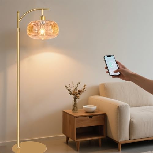 Glass Floor Lamp for Living Room with Amber Glass Lampshade&Remote Control - Image 4