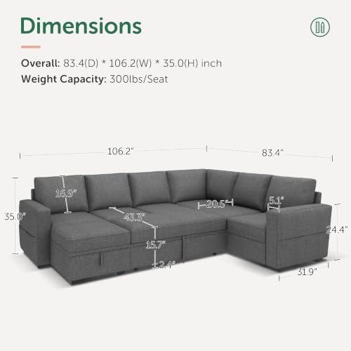 HONBAY Sectional Sleeper Sofa with Pull Out Bed, U Shaped Couch with Storage, Modular Sectional Couches for Living Room, Dark Grey - Image 2