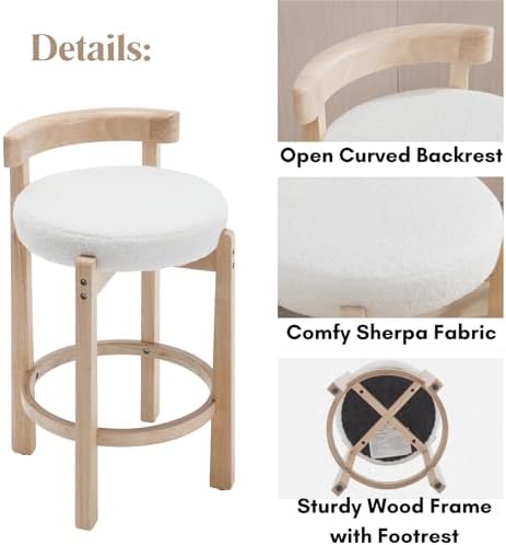 LukeAlon Sherpa Counter Stools Set of 4, Mid Century Upholstered 26.5" Seat Height Low Barstools with Natural Wood Legs Round Low Back Kitchen Stools with Footrest for Dining Room, White - Image 3