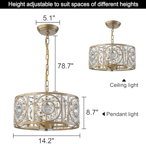 Vintage Crystal Round Chandelier 14.17" Gold Dining Room Chandelier Over Table 4-Lights Classic Drum Pendant Light Fixture for Living Room Kitchen Island Entryway. - Image 6