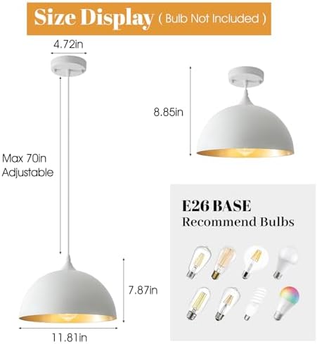 White Pendant Light 2 Pack, 11.8" Farmhouse Pendant Lights Adjustable Height, Modern Pendant Lighting for Kitchen Island Dining Room Bedroom - Image 2