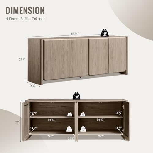 66" Modern Buffet Cabinet w/Storage, Large Sideboard, Light Grey - Image 2